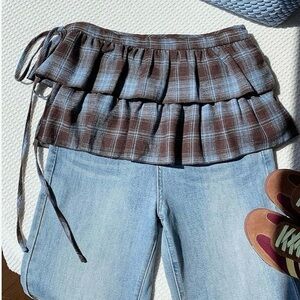 Women Y2k Wrap Skirts Side Tie Plaid Print Ruffle Layered Mini Skirt over Jeans